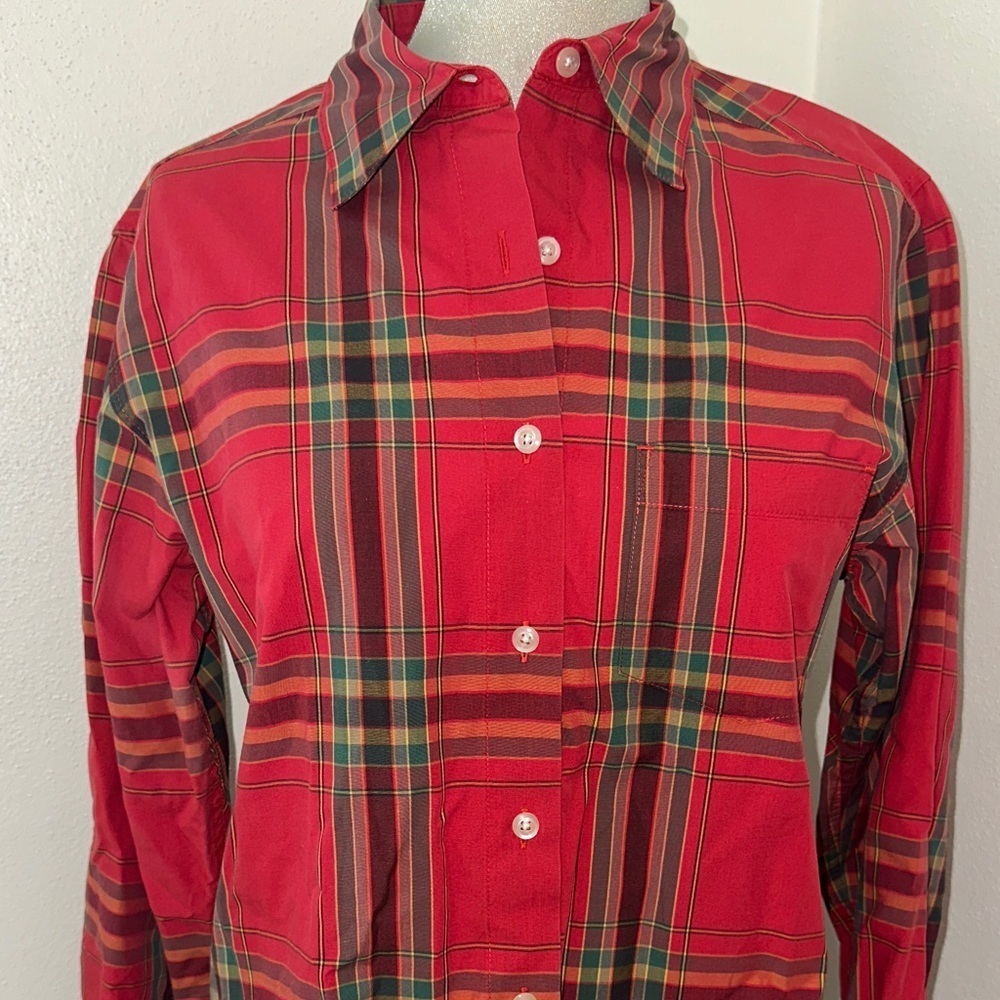 Eddie Bauer red green holiday tartan plaid button up down shirt cotton small s - Picture 2 of 8